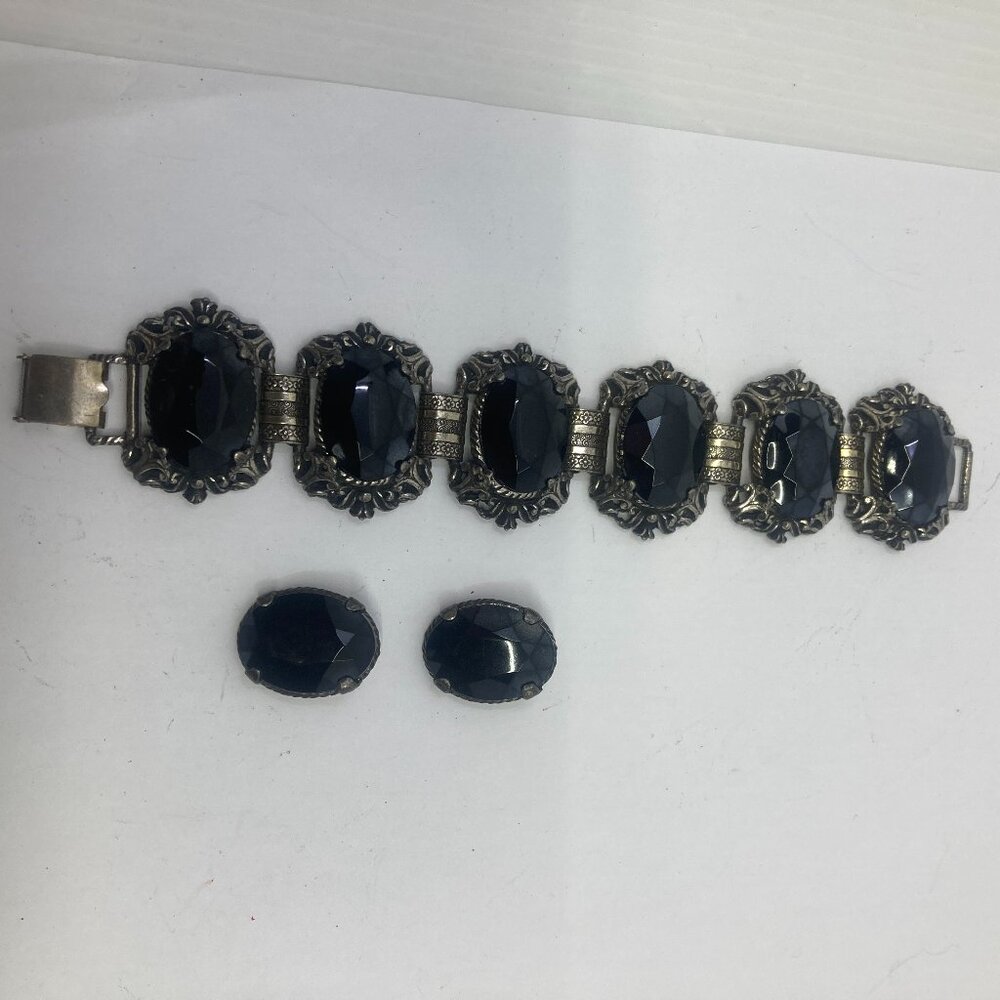 Vtg '60 signed PIERRE Victorian revival gothic mourning earrings bracelet set